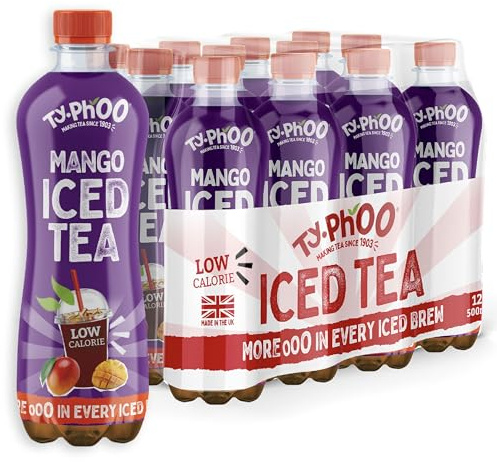 Typhoo • Iced Tea • Mango Flavour • 500ml x 12 • Ready-to-Drink Ice Tea • Juicy & Bursting with Flavour • Made with Northumbrian Spring Water & Real Fruit Juice in the UK • Low Calorie