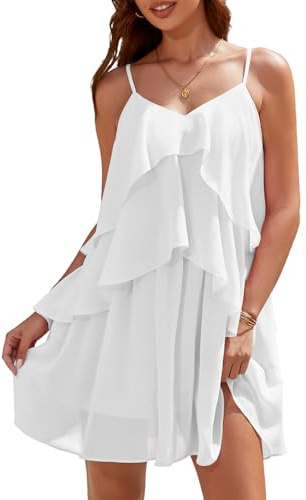 DRESSTELLS Women's Ruffle Dress Tiered Cocktail for Wedding Guest White M