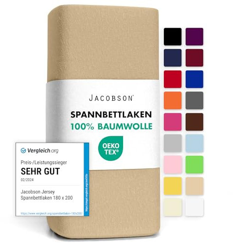 Jacobson Jersey Spannbettlaken Spannbetttuch Baumwolle Bettlaken (90x200-100x200 cm, Beige)