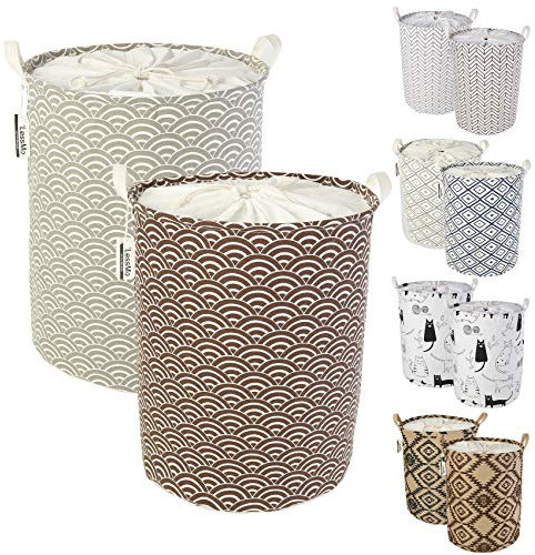 LessMo 2ST 19.7 Kordelzug Wäschekorb Lagerung Sorter, zusammenklappbare Pop-Up Wäschekörbe, wasserdichte Runde Baumwolle Leinen (Welle, Verdickte 19.7 / groß)