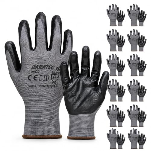 Baratec 12 x Super Grip Flat Nitrile Safety Work Gloves | Men's Women's Flexible Maximum Grip Working, Optimal For Handling, Assembly Work, Manufacturing, Warehousing, Automotive