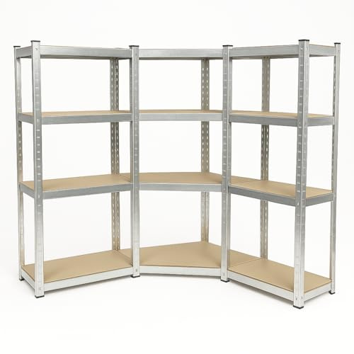 EURO VANADIUM - Étagère Rangement - Set de 3, Étagères Charges Lourdes, Angulaires, 140 x 150 cm/Côté, 130 kg Max/Plateau - Etagère d'angle, Modulables, 4 Niveaux, 12 Plateaux - 30 cm - Gris