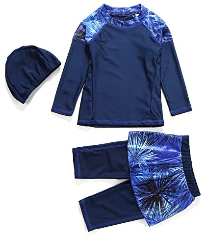 Mädchen Bescheidene Muslimische Bademode UPF 50+ UV Islamischer Hijab Badeanzug Langarm Top Shirt mit kurzer Hose Badekappe 3tlg Schwimmanzug Strandkleidung Blau 11-12 Jahre