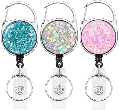 3-pack infällbar märkeshållare, bling design ID-bricka rulle med alligatorklämma för namnkort nyckelring [61 cm nylontråd]