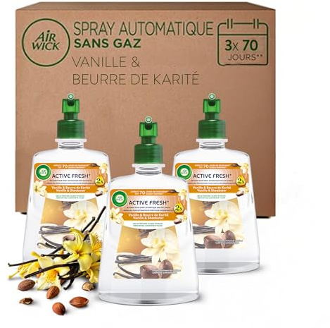 Air Wick Désodorisant Maison Spray Automatique Sans Gaz Active Fresh - 3 Recharges Parfum Vanille & Beurre de Karité