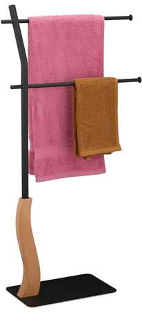 Relaxdays Handtuchhalter stehend, Handtuchständer mit 2 Stangen, für Hand-& Badetücher, Stahl und MDF, schwarz/braun, 1 Stück