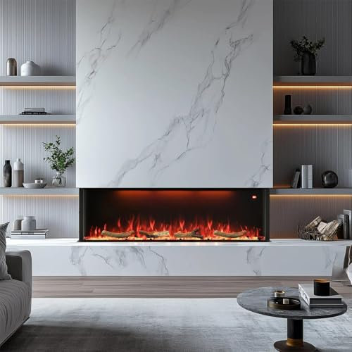 Omni-burn 152cm 3-Side Recessed & Wall-Mounted Electric Fireplace Insert, 3 Top Led Light Colours, 13 Fuel Bed & Flame Colour Options, 9H Timer
