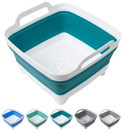 Tiawudi Dishpan for Washing Dishes, 2.4Gal/9L Wash Basin with Draining Plug Carry Handles, Collapsible Bucket for Cleaning, Portable Sink, Foldable Plastic Tub, 1PC