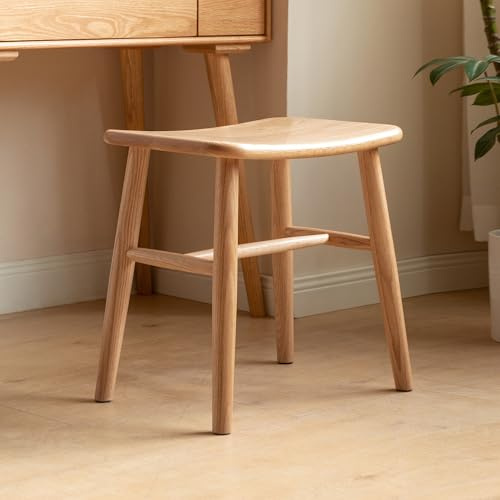 100% Oak Solid Wood Dressing Stool with Curved Seat, Natural Vanity Stool | Wood Dressing Stool Ergonomic Oak Vanity Stool with H-Frame Design, Make Up Chair for Bedroom Living Room, Entryway Furniture