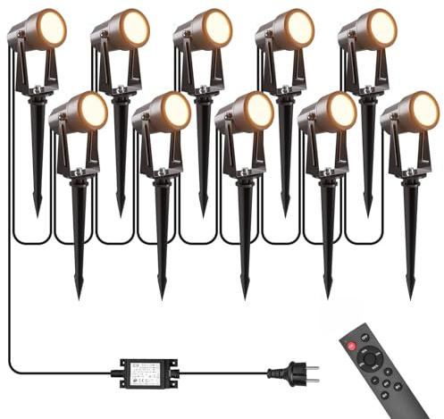 LONIUTO Illuminazione da giardino con alimentazione 35M, 3W*10 pezzi Faretti da esterno con Funzione telecomando e timer 3000K Bianco caldo, IP65 Impermeabili per sentieri, prati, cortili, terrazze