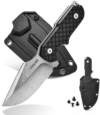 Omesio M-ZS21 Coltello EDC Fisso con Fodero Kydex Coltello da Caccia Spanto in Acciaio 5CR13MOV, Manico in PP, Coltello da Cintura Full Tang con Accendino di Emergenza e Paracord per Campeggio Caccia