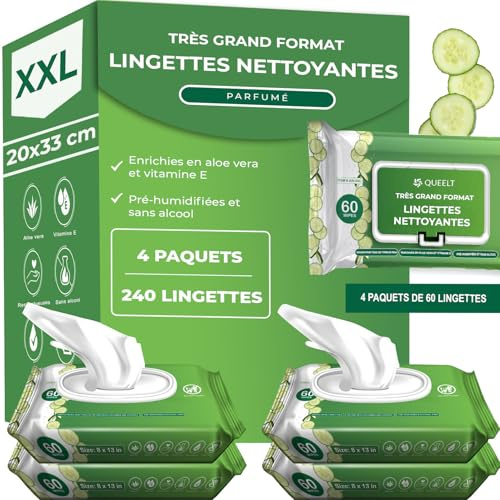 Lingettes humides extra-larges pour adultes, au concombre doux, 20 × 33 cm, douces, pour personnes âgées, incontinence et toilette, vitamine E & aloe vera, 240 lingettes (4 × 60)