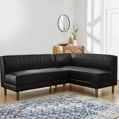 KIBONCY Divano angolare modulare a forma di L - Divano imbottito trapuntato in pelle cerata con olio con gambe in legno affusolate, stile moderno nordico for soggiorno(Black,2)
