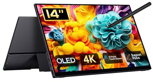 Qunub 14 4K Portable Monitor OLED, Touch Screen Monitor UHD 3840X2400p 100% DCI-P3 100000:1, USB-C HDMI Travel Monitor with Kickstand & Sleeve for Laptop Mac PC