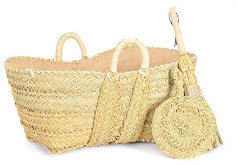 Cestería Aparici - Leñero de esparto forrado de arpillera y yute con escobilla y aventador -7149-2 (55x40x28) – Cesta decorativa para almacenar leña y mantener limpio el hogar