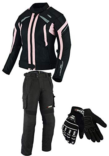 BOSmoto DAMEN MOTORRADKOMBI JACKE + HOSE + HANDSCHUHEN - BIKE MOTORRAD ROCKER TOURING in verschiedenen farben (L, Rose)