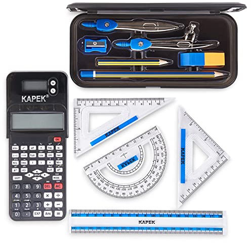 KAPEK Scientific Calculator + Math Set for Schools | 2-Line Display | 10-Piece Geometry Set | Ruler, Compass, Protractor | 240+ Integrated Functions | GCSE Math Bundle | Black