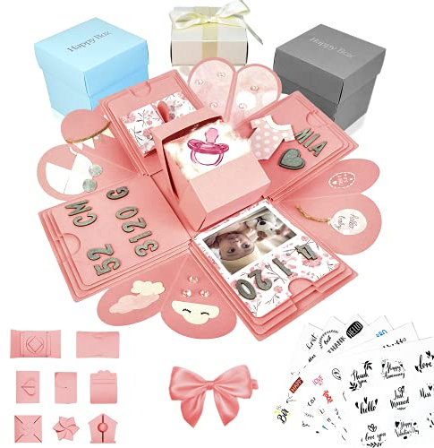 HAPPY BOX ® – Überraschungsbox – hochwertiges Papier & Verarbeitung – Explosionsbox mit modernen Stickern und Stift – DIY Box – Explosionsbox Hochzeit inkl. Anleitung (Rosa)