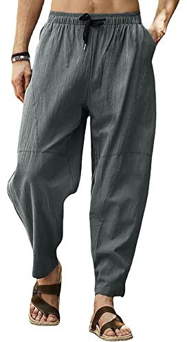 Mens Baggy Cotton Trousers Smart Casual Summer Lightweight Comfy Drawstring Loose Fit Wide Leg Harem Pants with Pocket for Yoga Beach Lounge Hippy-Grey-L