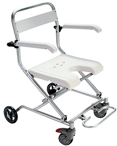 IELSH Duschhocker Duschstuhl Badehocker mit Rollen Klappbar für Senioren und Behinderte, ​Rollstuhl Faltbar Leicht Bis 150 Kg, Duschsitz mit Rückenlehne und Armlehnen, Weiß