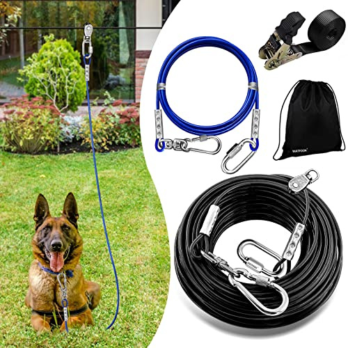 WATFOON Corredor de perro para patio, sistema de cable de carrito, línea de cremallera para perros grandes, cable de amarre pesado para mascotas de 10/15/25 pies para equipo de campamento (100 pies +