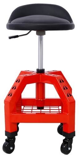 Tandagy Red Shop Stool with Wheels and Swivel - Heavy Duty Pneumatic Mechanic Stool - Adjustable Height - 300 LBS Garage Stool