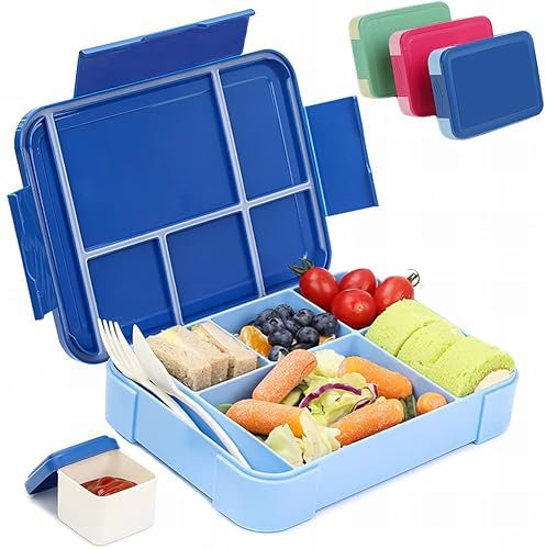 Bugucat Brotdose Kinder mit Fächern 1330ML,Lunchbox Kinder Bento Box Auslaufsicher mit 6 Fächern Besteckset,Vesperdose Frühstücksbox für Mädchen Jungen Blau