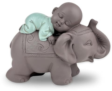 Zen'Light Statue Buddha Bonze Schlafend auf Elefant - Zen-Atmosphäre in Ihrem heiligen Raum - wunderschöne glücksbringende Figur -H 9.5 cm, Braun & Grün