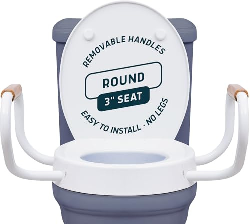 Lunderg Raised Toilet Seat with Handles - Round - Easy to Install Toilet Seat Risers for Seniors - Adds 3 Inches & Works like the one you’ve always used - Elegant design - No Hospital Vibe