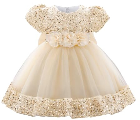 Cichic Baby Girls' Christening Gowns Puffy Sequin Tulle Print Festival Party Wedding Prom Dress Champagne 12-24 Months