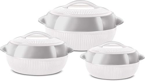 SK Cookware - 3PC Hot Pot Food Warmer Container Hot Food Insulated Food Container Serving Dishes with Lids - 1-1.5-2.5L (Black-Silver)