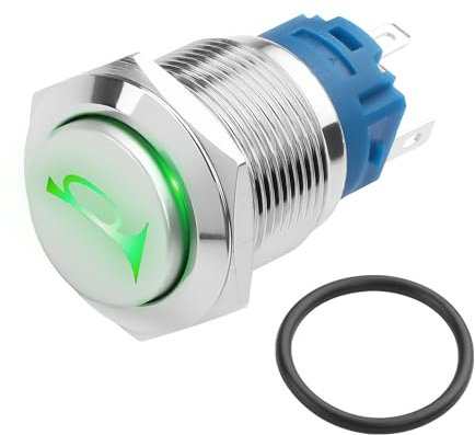 YACSEJAO Bouton poussoir de klaxon de voiture 12 V - Lumière LED verte - Interrupteur marche/arrêt - Clé de réinitialisation - Étanche IP66 - En métal - Pour haut-parleur de moto - 19 mm