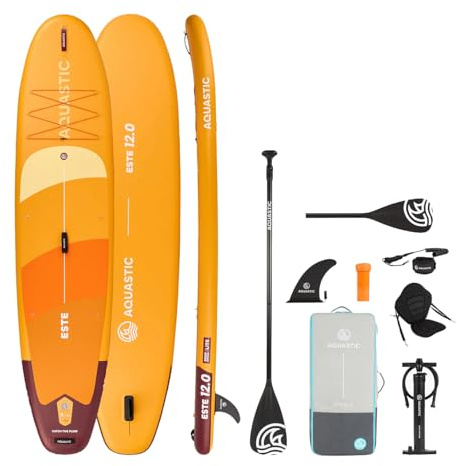 AQUASTIC Este 12 tum SUP Board Set – Drop Stitch Lite, 390 l, 170 kg, sittmonterbar, lätt och stabil, kajakfunktion, EVA-däck, 3 handtag, komplett set med paddel, pump och ryggsäck