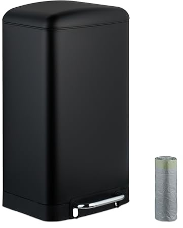 Relaxdays Kitchen Pedal Bin, 30 L, Rubbish Disposal, Anti-Fingerprint, Removable Inner Bucket, Stainless Steel, Black, 70% 30% Plastic
