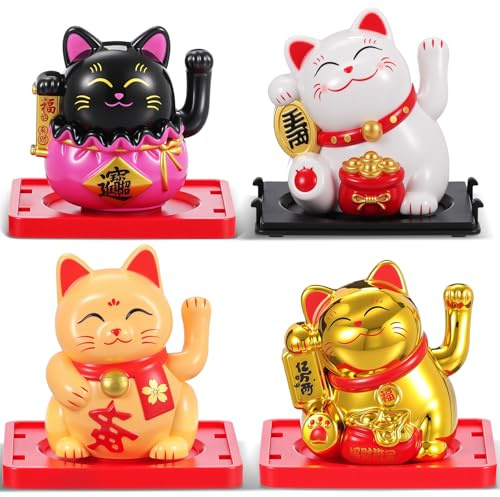 Wovnet 4 Pcs 2 Lucky Cat Waving Arm Maneki Neko Solar Lucky Cat Feng Shui Fortune Wealth Chinese Welcoming Window Car Dashboard Car Decor (Stylish)