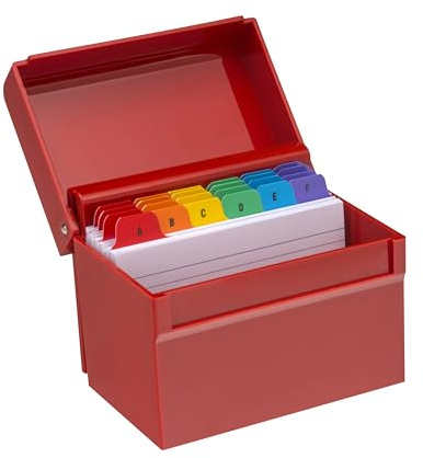 OSCO Caja de índice de plástico rojo brillante mediana, pestañas divisoras de la A a la Z, 100 tarjetas de notas rayadas, tarjetas flash de revisión rayadas, notas de recetas, archivo de contactos de