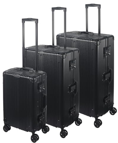 Laroqx Set med 3 resväskor med aluminiumsram, 57, 68, 77 cm (43 l, 65 l, 110 L), FusionShell-struktur, solid struktur, TSA-kombinationslås, dubbla 360-grads hjul, handtag, Svart, 20/24/28 Zoll Set