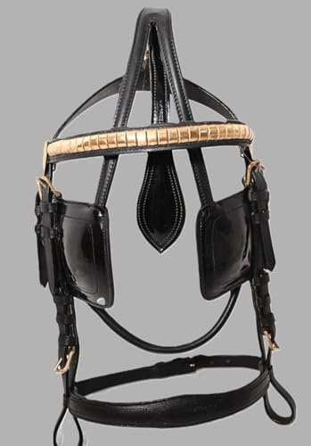 Leather Horse Driving Harness Bridle Patent Blinkers Golden Fittings Black (Pony)