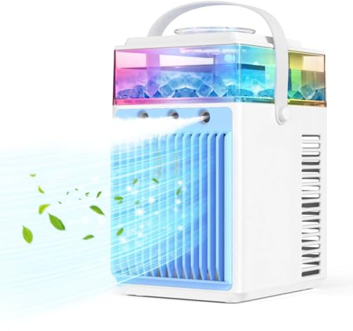 Portable Air Conditioner Fan, Rechargeable 5-IN-1 Personal Mini Cooler Humidifier, 3-Speed Evaporative Air Cooler with 7 Color Lights, Cordless AC Desktop Spray Fan, Quiet Desktop (White)