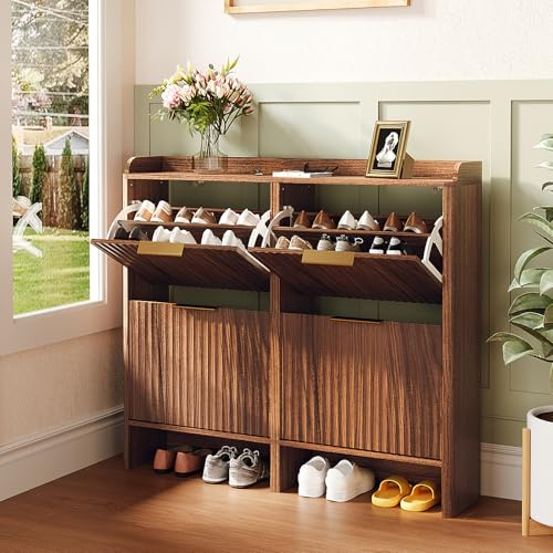 VINGLI Shoe Cabinet, Wooden Look Shoe Storage Cabinet for Hallway(Walnut)