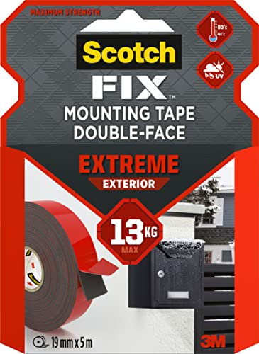 Scotch-Fix Extreme Doppelseitiges Montageband für den Außenbereich – 1 Rolle (19 mm x 5 m) – Extra stark, wetterfest & temperaturbeständig – Hält bis zu 13 kg – Kein Bohren nötig