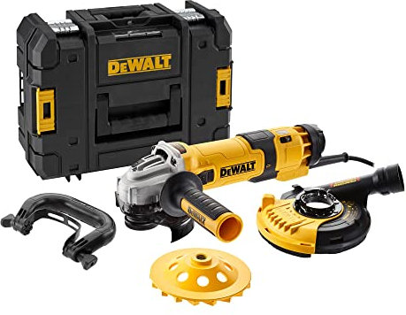 Dewalt Winkelschleifer DWE4257KT (1.500W, 125mm Scheiben-Ø, Leerlaufdrehzahl 2.800-10.000 min-1, M14, inkl. Schutzhaube, Bügelhandgriff, Diamant-Topfscheibe, Staubhaube & T STAK-Box II)