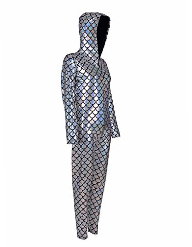 BFD One Shiny Long Sleeve Hooded Footless Dance Catsuit Unitard. Fish scale Printed Bodysuit Jumpsuit All In One Dancewear Metallic Wet Look Ladies Girls Cool Wash Catsuit Gymnastic Leotard Unitard
