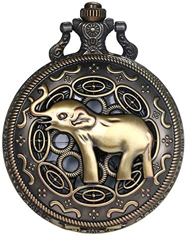 JewelryWe Men Women Pocket Watch Vintage Elephant Watch Necklace Quartz Pendant Watch with Chain
