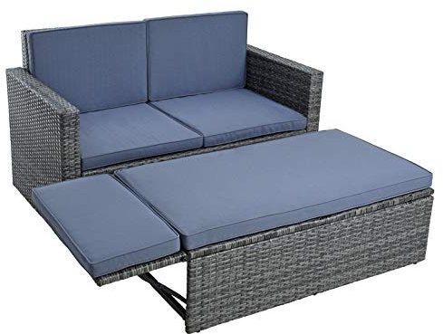 ESTEXO Polyrattan Sitzgruppe Essgruppe Gartenmöbel Set Gartensofa Rattan Sofa mit Hocker ausklappbar Sofa-Set Rattan-Couch Sitzgruppe Lounge Set Ottomane (Anthrazit-Grau)