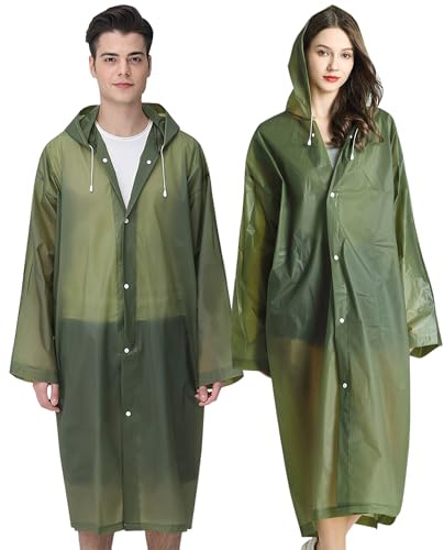Cosowe Rain Ponchos for Adults Reusable, 2 Pcs Raincoats Emergency for Women Men with Hood and Drawstring, Army Green