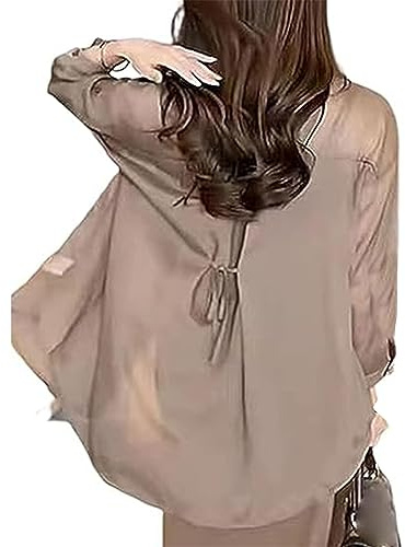FEETT Women's Sun Blocking Shirts,Summer Sun Protection Lightweight Chiffon Blouse,Cooling UPF 50+ UV Shirts for Women (Khaki,3XL)