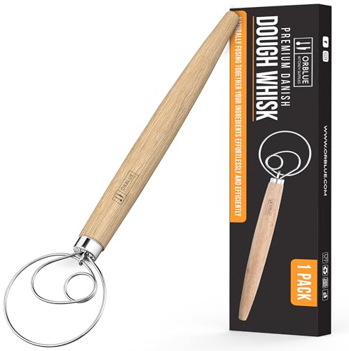 ORBLUE Batidor de masa danés – Batidor holandés con anillo de acero inoxidable – Batidor danés para masa de pan, pastelería o pizza – 13 pulgadas, paquete de 1