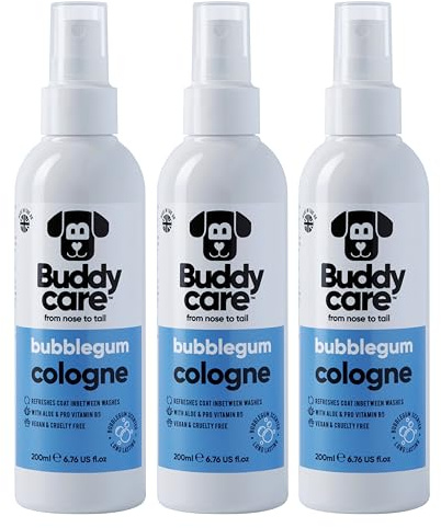 Buddycare | Eau de Cologne pour chien - Parfum doux et ludique pour chien - Rafraîchit entre les lavages de chien, chewing-gum, 200 ml (3 paquet)