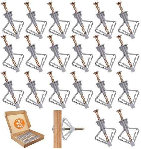20 Stück Gipskartondübel mit 20 Stück Schrauben, Butterfly Hohlraumdübel Gipskartondübe, Trockenbaudübel Anker Sets, Selbstbohrender Schrauben für Ziegeln, Beton, Gipskarton